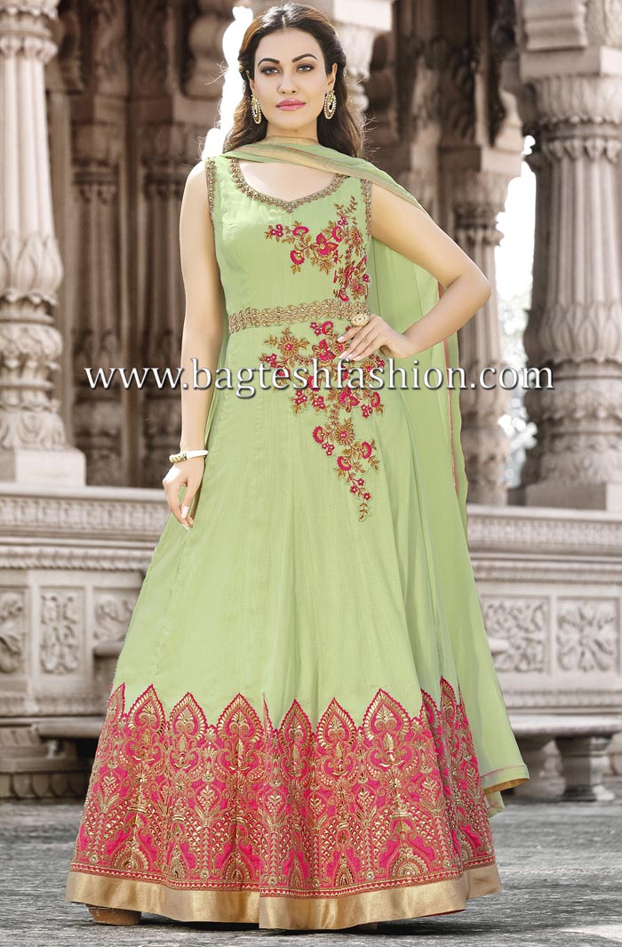 Exclusive Green Art Silk Abaya Style Kameez Online | Bagtesh Fashion