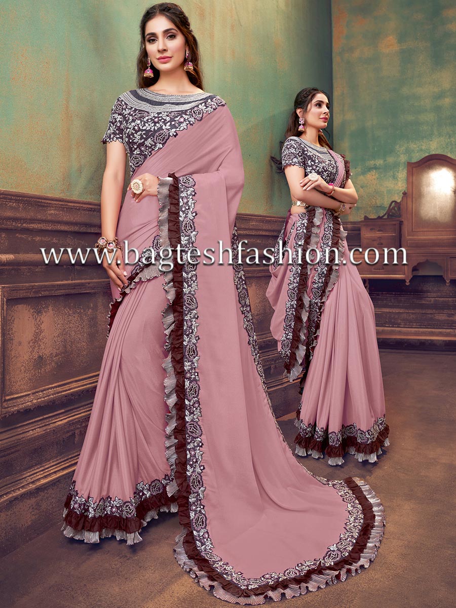 Buy Women Light Pink Sequin And Gota Embroidered Saree Set With Stitched  Contrast Blouse - Sorbet Hues - Indya